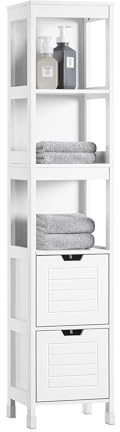 SoBuy Badezimmerschrank Schmaler Hochschrank 30x30x144 cm für Badezimmer | schmaler Badschrank mit 3 offenen Fächern und 2 Körben, Badregal Schmal 30cm Breit Badmöbel für kleine Räume, Weiß FRG126-W