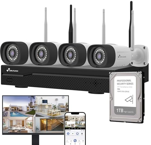 NIVIAN WLAN-Kamera-Set, Überwachungskamera Set, KI-Personenerkennung, Zwei-Wege-Audio, Nachtsicht, EseeCloud-App, HDMI-Ausgang für TV/Monitor (10 Kanäle - 4 Kameras - 1TB, Set mit 1TB Festplatte)