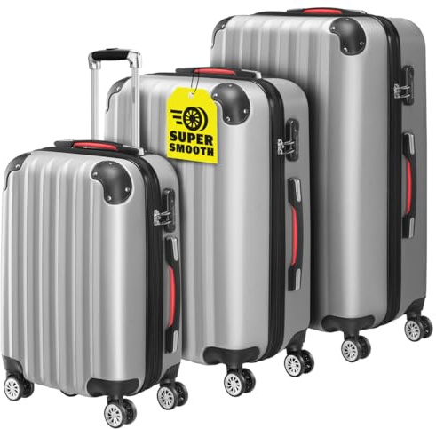 Monzana® 3tlg. Kofferset Baseline Hartschalen Koffer M-L-XL Gel-Griffe 4 Rollen Kantenschutz Schloss Standfüße Trolley Rollkoffer Reisekoffer Silber