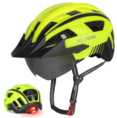 VICTGOAL Fahrradhelm MTB Mountainbike Helm mit magnetischem Visier Abnehmbarer Sonnenschutzkappe und LED Rücklicht Radhelm Rennradhelm für Erwachsenen Herren Damen (Yellow, M: 54-58cm)