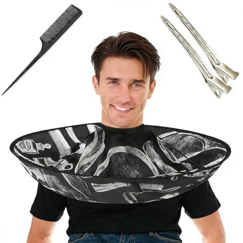 Friseurumhang mit Schirm Design – Wasserdichter Schneideumhang 60 cm mit Klettverschluss, Frisierumhang inkl. 1 Kamm & 2 Abteilklammern, Faltbar, Schwarz – für Haarschnitt, Styling & Bartpflege
