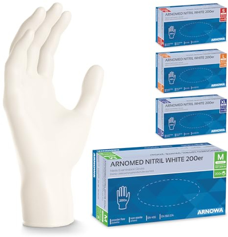 200x ARNOMED Einweghandschuhe Weiß, Einmalhandschuhe M, Handschuhe Einweg 200 Stück/Box, Gummihandschuhe puderfrei, latexfreie Nitrilhandschuhe in S, M, L & XL, Putzhandschuhe, Koch-/Küchen-Handschuhe