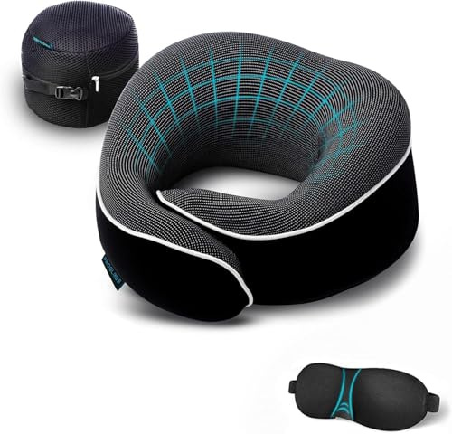 Proglobe Nackenkissen Flugzeug, Reisekissen 100% Memory Foam, Orthopädisches Nackenhörnchen, Ideal für Reisen mit Flugzeug, Auto, Zug, Mit 3D-Schlafmaske, Hochwertige Netztasche (Schwarz)