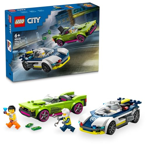 LEGO City Verfolgungsjagd mit Polizeiauto und Muscle Car 60415 | Spielzeug ab 6 Jahren für Jungen, Auto-Spielezug mit 2 Rennautos, mit Polizist und Ganovin-Minifiguren, Geschenk, 213 Teile