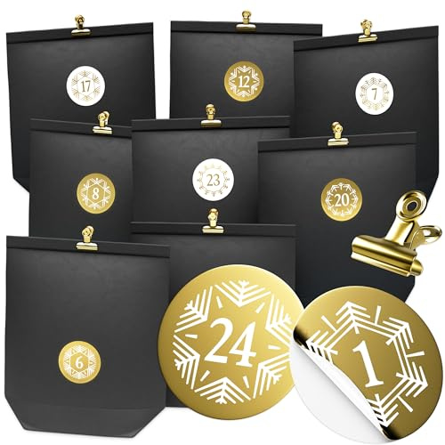 GAUDER Adventskalender zum Befüllen - 24 schwarze Adventskalender Tüten (18 x 22 x 6 cm) mit Goldfolien-Stickern, Metallklammern & Juteschnur - Weihnachtskalender-Säckchen zum Selbstbefüllen