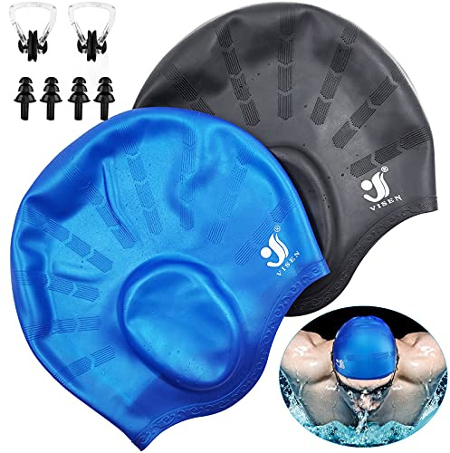 Unisex Silikon Badekappen-Ohrenschutz,2Pcs wasserdichte Schwimmkappe für Kurze/Lange Haare mit Ohrstöpsel&Nasenklemme,Elastische Badekappe für Frauen Männer Erwachsene Kinder