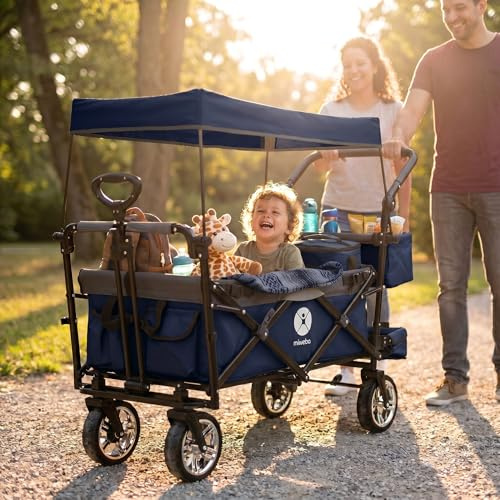 Miweba Faltbarer Bollerwagen MB-20 (Königsblau/Grau) | Sonnendach UV-beständig | 2x Anschnallgurte | Feststellbremse | Transportwagen für Kinder | Traglast 100 kg | Wagen
