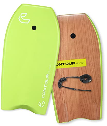 CONTOUR SURF Body Boards for Beach Lightweight Durable Body Board with EPS Core Dual Channel Double Swivel Coiled Wrist Leash Ideal 37/39/44 inch Bodyboards for Kids, Teens & Adults