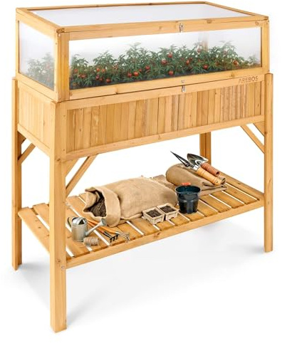 Arebos Hochbeet Holz | 119 x 53 x 124 cm | mit Frühbeetaufsatz | Frühbeet | Garten, Balkon, Gemüsebeet, Kräuterbeet, Kräuterhochbeet, Terrasse, Gartenbeet, Beet, Ablagefach, Wetterfest