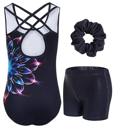JiAmy Turnanzug Mädchen, Gymnastikanzug Mädchen Kinder Glitzer Gymnastik Turnanzug Leotard Mit Haarbändern und Shorts Set für 9-10 Jahre