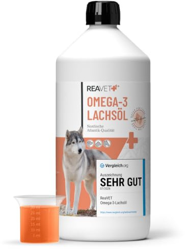 TESTURTEIL SEHR GUT 2026 ReaVET Lachsöl Hunde 1 Liter – Reich an Omega 3 & 6, Fischöl Hund hochdosiert, echte Lebensmittelqualität ohne Zusätze, frisch abgefüllt in Deutschland