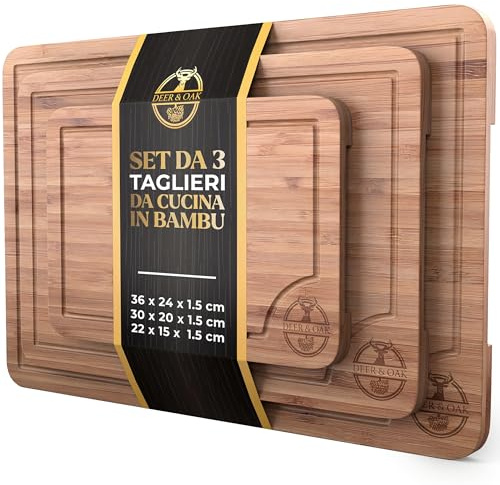 Deer & Oak Schneidebrett Holz Set 3-teiliges Vorgeölt Bambus Schneidebrett mit Griff & Saftrille, Küchenbrett, Schneidebretter Holz, Schneidbrett, Holzbrett Küche