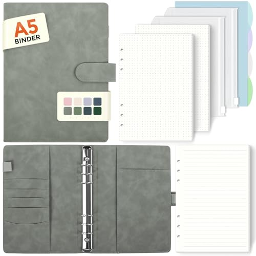SKYDUE A5 Ringbuch, Ringbuch A5 Nachfüllbar,135 Blätter Nachfüllpapier, Notizbuch Mit Bindertaschen, a5 Binder Für Schulnotizen Und Reisetagebücher (Grau)