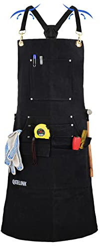 QeeLink Arbeitsschürze Holzbearbeitung mit 10 Werkzeugtaschen, Schweißerschürze mit Cross Back Strapazierfähiger Gurte, Werkzeugschürze Verstellbar von M bis XXXL für für Tischler Handwerker