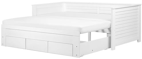 Beliani Bett mit Schubladen Holz Weiß Gummibaumholz 90x200 Klassisches | Mit Stauraum, Belastbarkeit 150 kg, 90 x 200 cm