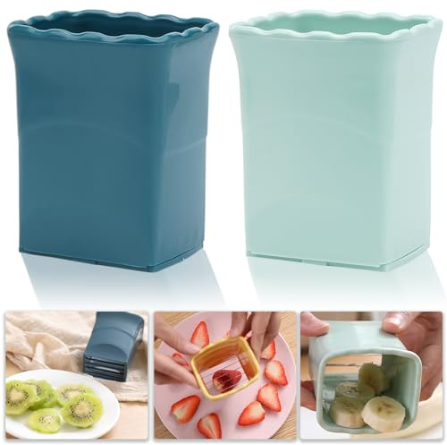 Tulobi 2-teiliges Obstschneider-Set, Edelstahl, Mini-Tassenschneider, schneller Salatmacher, kreatives Küchenwerkzeug (Marineblau + Cyan)