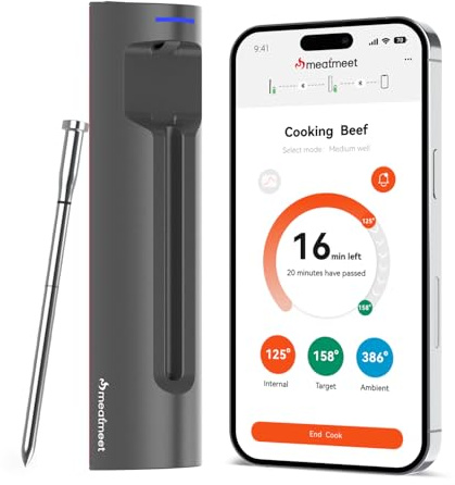 S Pro Fleischthermometer Kabellos mit Bluetooth, 6 Integrierte Sensoren | ±0,1°C Genauigkeit, IP69 Wasserdicht, Bis 595°C Hitzebeständig, App-Überwachung mit Timer und Alarm, für BBQ, Backofen, Grill