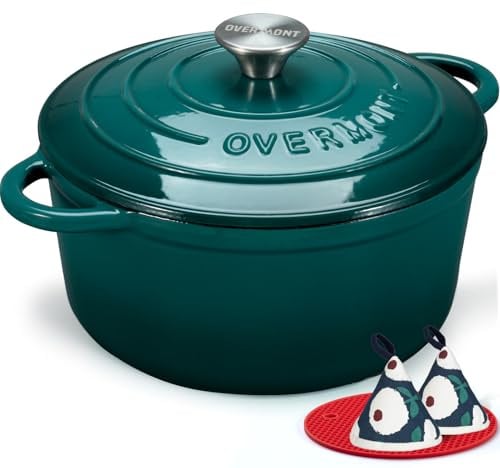 Overmont Bräter emaille Gusseisen Topf - Schmortopf 26cm backofengeeignet - mit Deckel und Kochbuch - für Küche Backen Schmoren Braten Seeblau