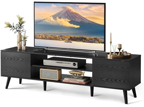 WLIVE TV Schrank Schwarz, 160 x 40 x 47 cm TV Lowboard mit 2 Türen und 2 Offenen Fächern, TV Board für Wohnzimmer, Esszimmer, Schlafzimmer, Schwarz
