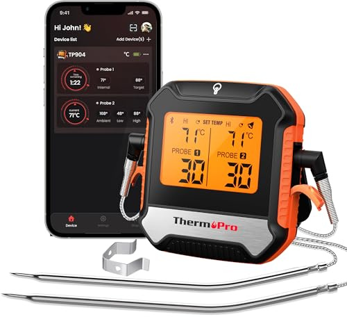 ThermoPro TempPro Bluetooth 135 m Fleischthermometer mit 2 Sonden, Digitales Grillthermometer mit App Steuerung Bratenthermometer mit Alarm, Präzises Küchenthermometer für Grill Smoker Ofen Steak