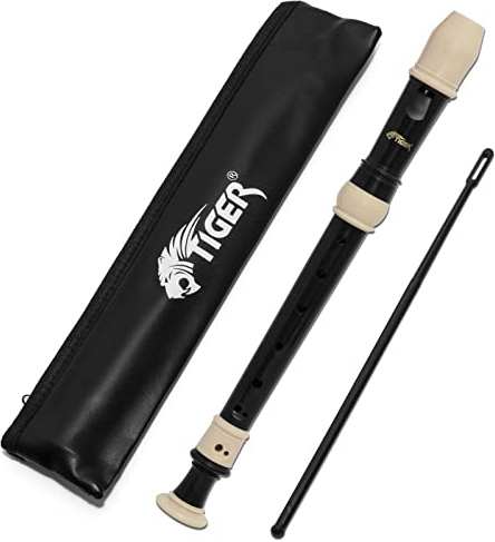 TIGER REC4-BK 3-teilige TIGER Blockflöte - Schwarz | REC4-BK Blockflöte 3‑teilig mit Tasche, Wischer & Griffschema, englisch/barock, ideal für Schule & Einsteiger