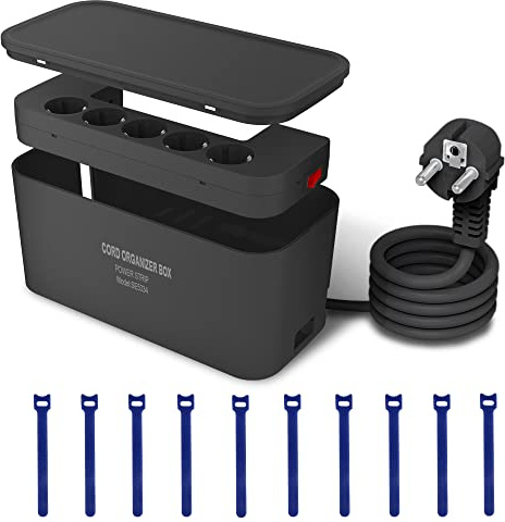 Kabelbox mit Steckdosenleiste USB C Überspannungsschutz 5Fach Mehrfachsteckdose mit 3USB Ladeanschlüsse, Kabel Organizer Box Steckdosenadapter, 29.5 * 14 * 14CM,2M Kabel(Schwarz)