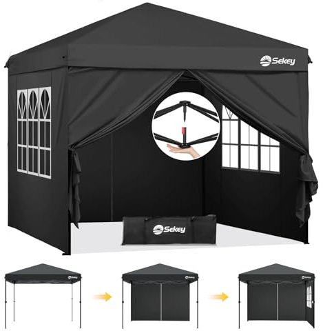 Sekey Pop Up Pavillon 3x3 Wasserdicht Stabil, Faltpavillon 3m x 3m mit Seitenwänden, Partyzelt Faltbar für Camping Party, Stufenlos Höheverstellbar 250 bis 270cm, Premium Serie 3x3, Schwarz