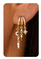 Ohrringe Gold Damen - 14K Gold Vergoldet Stern Mond mit Cubic Zirkonia Lange Hängeohrringe Hypoallergen Modeschmuck Creolen Ohrringer für Frauen Mädchen Schmuck