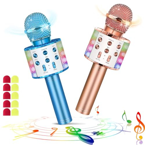 2er Set Drahtloses Bluetooth Mikrofon Karaoke Mit LED-Leuchten Tragbare Handheld Singen Karaoke Lautsprecher Maschine Spielzeuggeschenke für Kinder Erwachsene (mit 10 Einweg-Mikrofonabdeckungen)