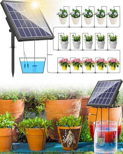 Biling 2,5W Solar Bewässerungssystem Balkon mit 2200mAh Akku Tag & Nacht | 168 Modi, 15m Schlauch, max. 450l/h Automatische Bewässerung für 15-20 Töpfe Garten Hochbeet Gewächshaus Topfpflanzen Urlaub