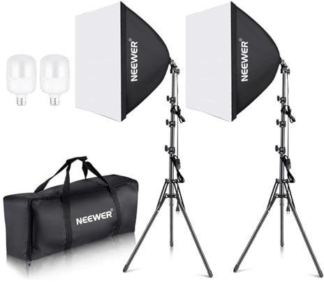 NEEWER Softbox Beleuchtungsset, äquivalent zu 700W, 2er Pack 5700K LEDGlühbirnen, 24 x 24Zoll Softboxen mit E27 Fassung, Fotografie Dauerlichtset, Fotostudio Ausrüstung