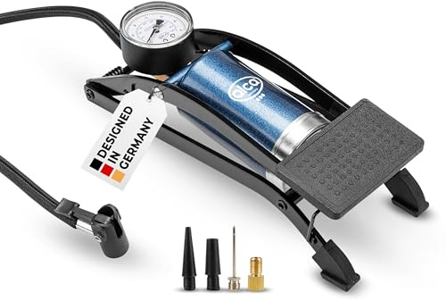 alca® Fußluftpumpe 7 bar mit Manometer sowie Adaptern für Pkw-Reifen | Stahlzylinder, Rahmen aus robustem Metall, Hubvolumen 160 ml, Inklusive 4 Adaptern, Druckluftschlauch 55 cm