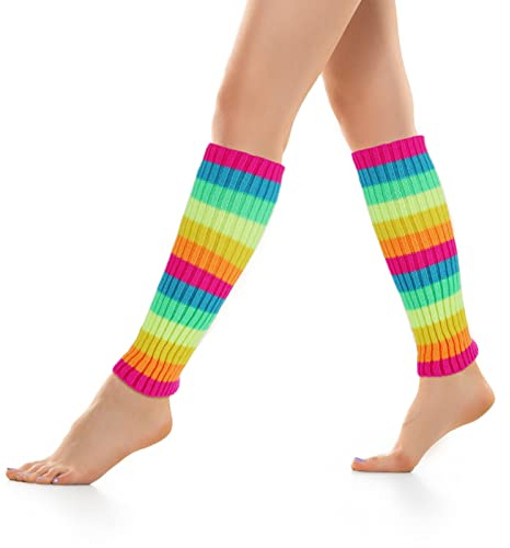 Yolev Beinstulpen Damen, Leg Warmers Neon Stulpen Regenbogen Wintergarn | Gestrickte Beinwärmer Damen Mädchen, Beinstulpen Gerippte Beinlinge 80er 90er Jahre Party Kostüm Lang Stiefel Knöchelwärmer