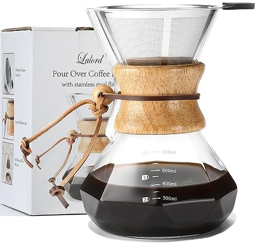 Lalord Pour Over Kaffeebereiter mit Edelstahlfilter, 600 ml Borosilikatglas Kaffeekaraffe, Holzkragen, Kaffeedrip-Brauer, für 3-4 Tassen.