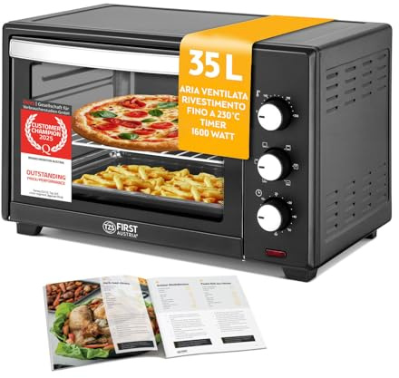 TZS First Austria - Minibackofen 35L 1600W - Mini Backofen Pizzaofen stufenlose Temperaturregelung bis 230°C & Antihaftbeschichtung - Miniofen 60 Min. Timer, 3 Einschubhöhen, Backblech & Grillrost