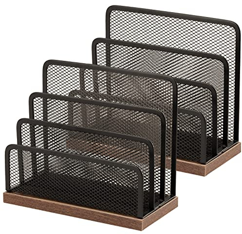 Schreibtisch-Organizer aus Holz, Desktop-Aktenordner, Metallgeflecht mit 3 vertikalen aufrechten Fächern, Postsortierer, Brief-Organizer für Briefe, Postkarten, Broschüren, Posthalter (2 Stück)