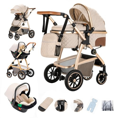 Gcarebb 3 in 1 Kinderwagen, Buggy Mit Auto Babyschale, Mit Höhenverstellbarer Kinderwagen Komplettset, KombiKinderwagen Mit Aluminiumrahmen für Neugeborene 0-4 Jahre