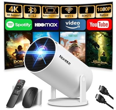 Mini Projector 4K Unterstützt 1080P Full HD Mini Beamer with WiFi 6 mit BT 5.2, Beamer Klein Eingebaute Apps mit Automatic Keystone & 270° Dreh Kompatibel mit HDMI/TV Stick/Laptop, Weiß