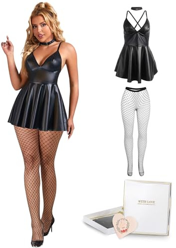 ohyeahlady Lederkleid Damen Sexy Outfit Dessous Minikleid Kurz Große Größen | Sexy Unterwäsche für Frau Curvy,PU-Leder,A-Linie Kleid,Reizwäsche,V-Ausschnitt,Babydoll Mollig,Elegant,Rave,Festival,Clubwear
