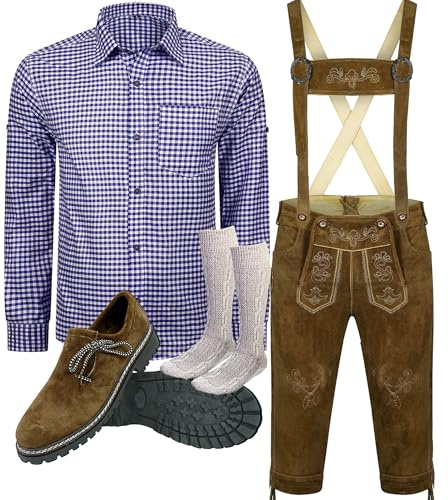ALL THE GOOD Herren Trachten set Oktoberfest (Hose +Hemd +Schuhe +Socken) Bayerische Lederhose Trachtenhose B2