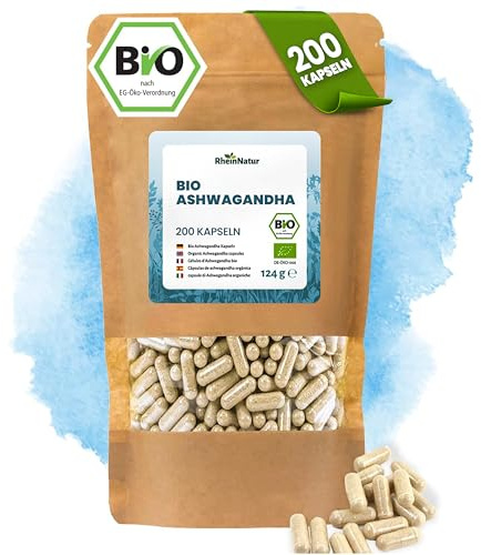RheinNatur Bio Ashwagandha Kapseln 200 Stück - 3000 mg je Tagesdosis - Reines Bio-Ashwagandha mit pflanzlicher Kapselhülle, vegan - Reich an Mineralstoffen, Vitaminen & Antioxidantien