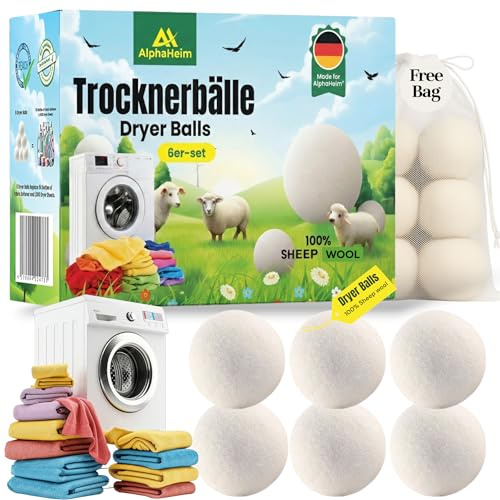 AlphaHeim® – XL Trocknerbälle 6er Set für Wäschetrockner und Daunenjacken Schadstoff frei & tierfreundlich.Trocknerkugeln aus 100% Schafwolle. Wool Dryer Balls -1000x verwendbar. Energie Sparen-TÜV®