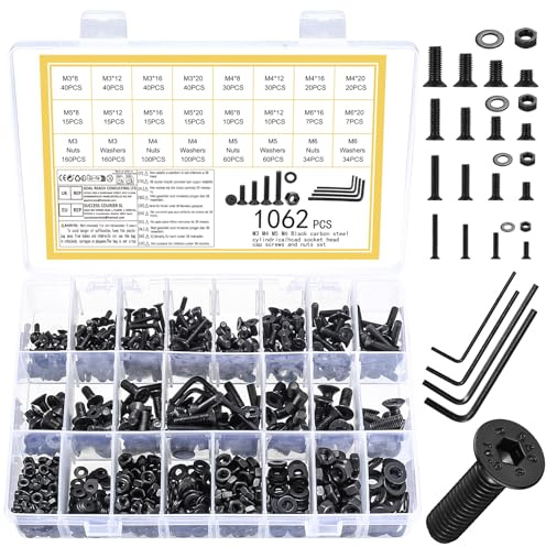 1062 Stück Senkkopfschrauben Muttern Set, M3 M4 M5 M6 Schrauben Set, Flachkopf Maschinenschrauben Sortiment, Innensechskantschrauben mit Muttern, Zylinderschrauben mit Unterlegscheiben Sets(Schwarz)