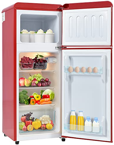 Merax Retro-Kühlschrank mit Gefrierfach mit 92L Gesamtvolumen, 28L Gefriervolumen, 3 Glasablagen, Gemüseschublade, Eierablage, 181 kWh/Jahr, LED-Licht/Rot