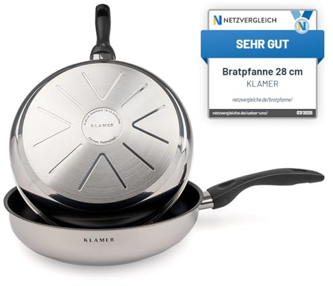 KLAMER Bratpfanne 28cm Induktion – Profi Edelstahlpfanne mit Greblon® C3+ Antihaftbeschichtung, PFOA-frei & backofenfest, für fettarmes Braten ohne Anhaften