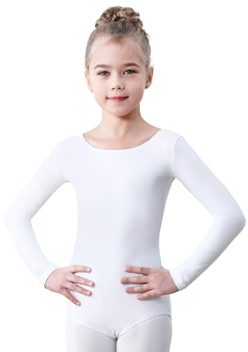 Soudittur Ballettanzug Mädchen Langarm, Kinder Ballett Trikot Baumwolle Ballett Body TanzBody Gymnastikanzug Turnanzug für Damen Größe 110-170 (Weiß, 150)