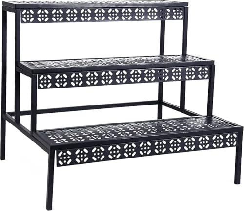 3 Stufen Metall Blumentreppe, Pflanzentreppe Blumenbank, Pflanzenregal Blumenregal, Pflanzenständer für Garten Balkon Indoor Outdoor, Multifunktionales Blumenregal mit Großer Kapazität, Schwarz