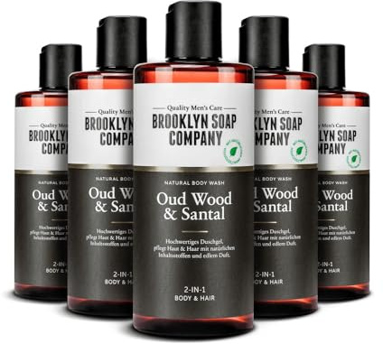 Brooklyn Soap Company Duschgel für Männer - Oud Wood & Santal - 5x300 ml | Body Wash 5er Pack - 2-in-1 Duschgel für Haut und Haare - Shower Gel Vorteilspack für Herren