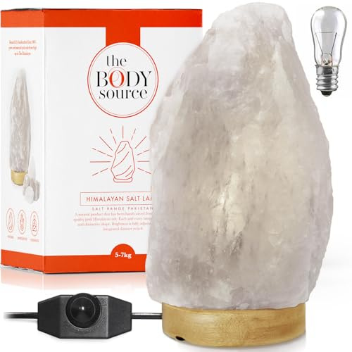 The Body Source Salzlampe (3-5 kg) mit Dimmerschalterlicht aus der Salt Range Pakistan auf einem Holzständer - Nachtlicht inkl.10W Glühbirnen und Geschenkbox