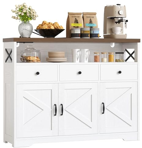 IRONCK Küchenschrank Sideboard mit Steckdose 2AC+1USB+1C, Aufbewahrungsschrank 3 Schubladen 3 Türen, Küchenbuffet Kaffeebar Schrank für Wohnzimmer Esszimmer, verstellbare Ablage 107x35x95cm (Weiß)